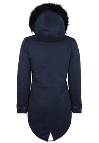 Abrigo de invierno azul marino con capucha decorada con piel sintética negra, mangas largas con puños abotonados y un dobladillo en forma de cola de pez en la parte trasera.