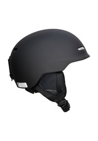 Matt schwarze Skibrille mit einer glatten Oberfläche, aerodynamischer Form, verstellbarem Riemen und schützender Polsterung im Inneren.