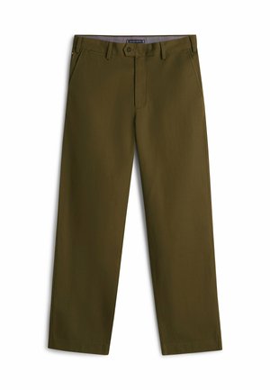 Pantaloni verde oliva realizzati in tessuto leggero, con fronte piatto, zip frontale e tasche laterali; design a gamba dritta.