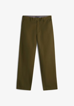 Olive green trousers made of lightweight fabric, featuring a flat front, zipper fly, and side pockets; straight-leg design.