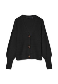 Musta neulecardigan V-kaula-aukolla, jossa pitkät hihat, lyhyt helma ja viisi ruskeaa nappia edessä. Teksturoidusta kankaasta, jossa on resoriviritelmiä.