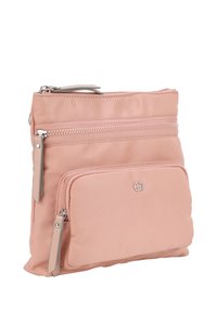Borsa a spalla in nylon rosa con più scomparti con zip e una superficie liscia. Caratterizzata da accessori in tono argento e un logo sulla parte anteriore.