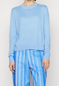 Maglione azzurro con orlo e polsini a coste. Presenta un piccolo logo sul petto. Abbinato a pantaloni a righe blu.