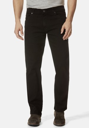 Schwarze Denim-Jeans im klassischen Schnitt, mit Knopfverschluss, Gürtelschlaufen und fünf Taschen. Glatte Textur mit subtilen Nähdetails.