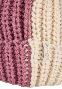 Knit beanie featuring alternating rib patterns in mauve and cream. Includes a small fabric label with "Sternstaler" text. Soft texture.
