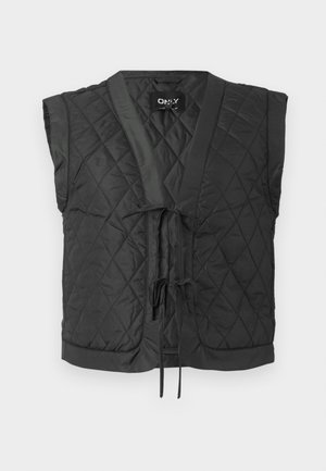 Gilet matelassé noir au design sans manches, avec fermeture à nouer à l'avant et accents de finition lisses. Détails en motif losange sur l'ensemble.