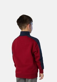 Sudadera roja y marina con cuello alto, dobladillo acanalado y parches en los hombros; confeccionada en un tejido suave y texturizado; se muestra la vista trasera.