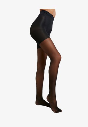 Black sheer tights with a high waistband. Smooth texture and form-fitting design extending to mid-thigh. Translucent finish on legs.