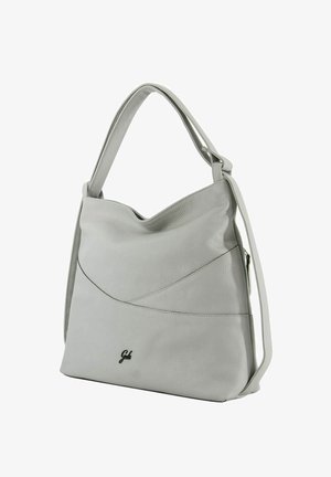 Borsa a tracolla in pelle grigia chiara con finitura strutturata, dettagli a cucitura diagonale e una tracolla singola. Presenta un logo discreto alla base.