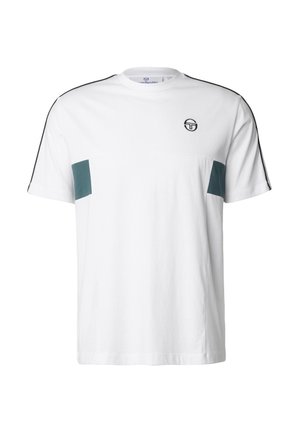 Biała koszulka z krótkim rękawem z turkusowymi bocznymi panelami, czarnymi lamówkami na rękawach oraz małym czarnym okrągłym logo na lewej piersi.