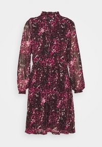 Robe en polyester transparent avec un col haut et des manches longues, présentant un motif abstrait rose et bordeaux et un détail de taille froncée.