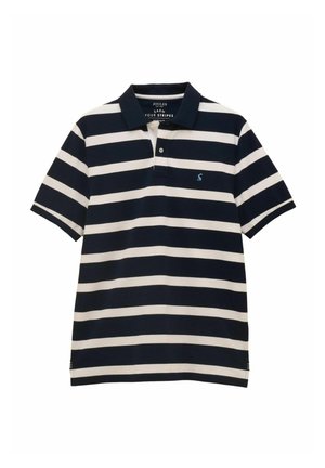 Marineblaue und weiße horizontal gestreifte kurzärmlige Poloshirt mit marineblauem Kragen und kleinem blau besticktem Logo auf der linken Brust.