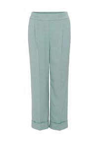 Pantalon taille haute vert clair, coupe droite, ourlets retroussés et tissu texturé, avec une coupe ajustée et des coutures devant.
