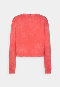 Sweatshirt corail court avec des manches longues, col côtelé et texture délavée. Présente un petit accent rayé vertical à l'arrière.