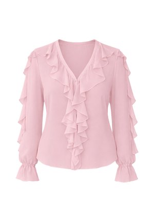 Jasnoróżowa bluzka z długim rękawem, z dekoltem w serek, falbankami na przodzie i rękawach oraz elastycznymi mankietami zapewniającymi dopasowany wygląd.