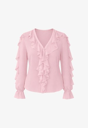 Hellrosa Langarmbluse mit V-Ausschnitt, geraffter Vorderseite und Ärmel-Details sowie elastischen Bündchen für eine figurbetonte Passform.