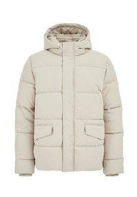 Chaqueta acolchada beige con capucha, dos bolsillos frontales y un diseño acolchado. El material parece suave y liso con un cierre frontal oculto.