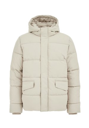 Beige puffer jacket featuring a hood, two front pockets, and a quilted design. Material appears soft and smooth with concealed front closure.