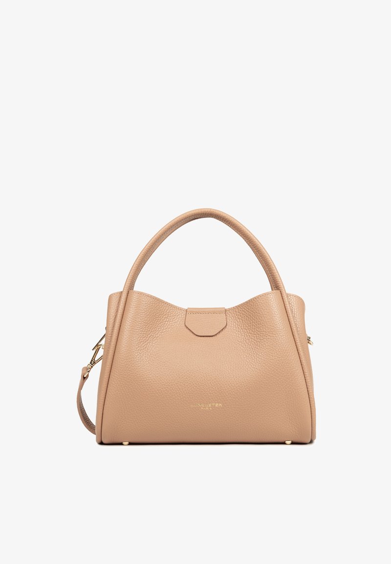 Beige textured leather handbag with curved handles, detachable shoulder strap, and subtle gold brand logo on front center.