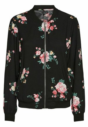 Zwarte jas met rits met roze en perzikbloemenpatronen, geribbelde manchetten en tailleband, met verspreide bloemclusters op mouwen en voorkant.