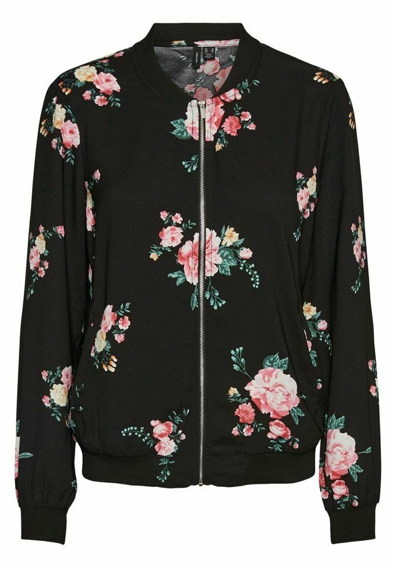 Veste noire zippée avec motifs floraux roses et pêches, poignets et taille côtelés, avec grappes de fleurs dispersées sur les manches et le devant.