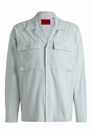 Light blue striped shirt with long sleeves, two chest pockets, and a buttoned front. Features a classic collar and soft fabric texture.