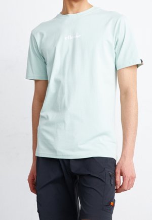 Lys mintgrøn bomulds t-shirt med korte ærmer og rund hals; har et lille hvidt logo på brystet og et kontrastmærke på ærmet.