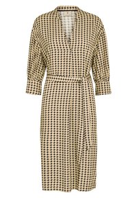 Beige mekko, jossa on musta geometrinen kuvio, V-mallinen kaula-aukko, kolmanneksen hihat, nauhavyöt ja laskostettu siluetti. Kevyt kangas.