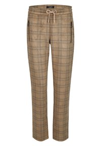 Pantalon à carreaux beige et marron avec taille à cordon, jambes droites et poches zippées des deux côtés.