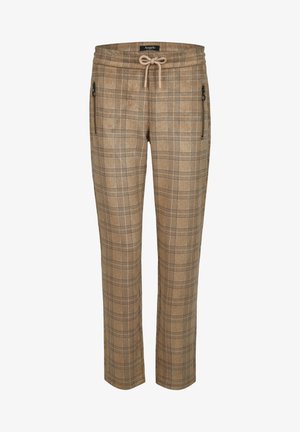 Pantalones a cuadros beige y marrón con cintura ajustable mediante cordón, piernas rectas y bolsillos con cremallera a ambos lados.