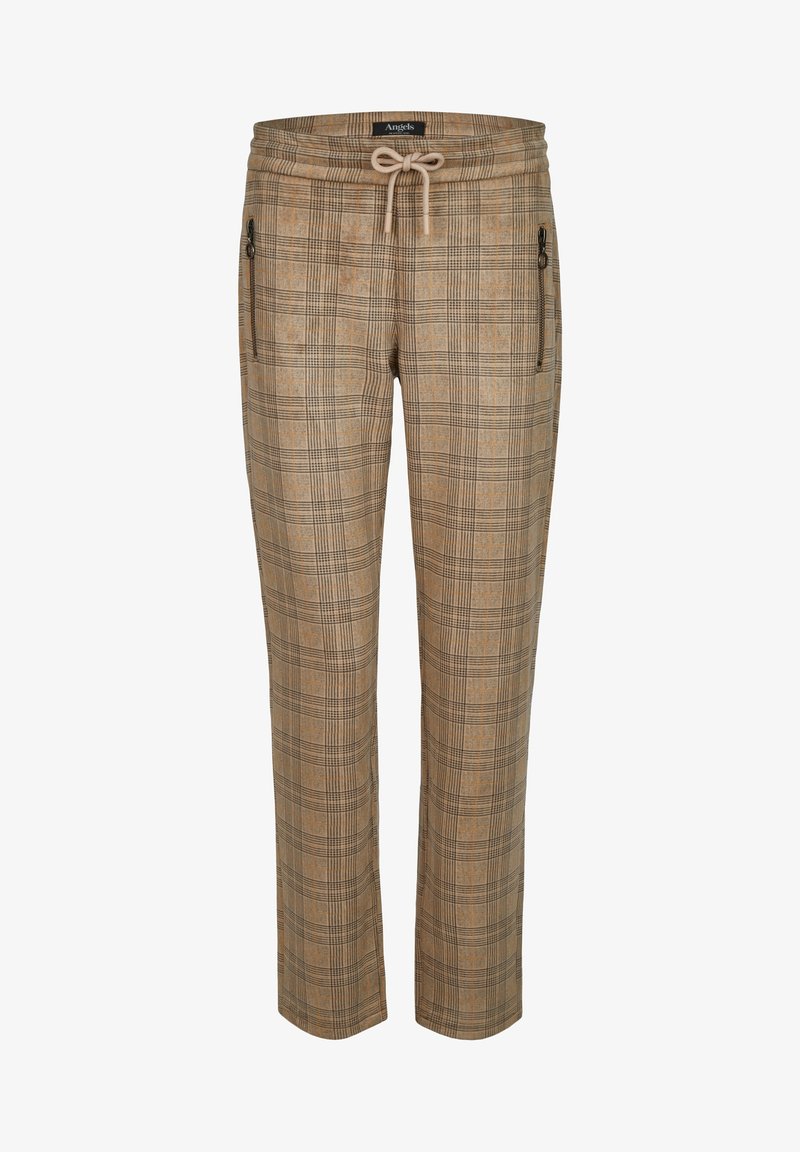 Pantalon à carreaux beige et marron avec taille à cordon, jambes droites et poches zippées des deux côtés.