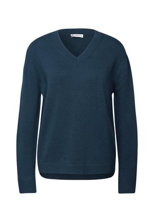 Dark teal v-neck sweater with long sleeves, ribbed cuffs and hem, made from a soft knit material. Label reads "Street One."