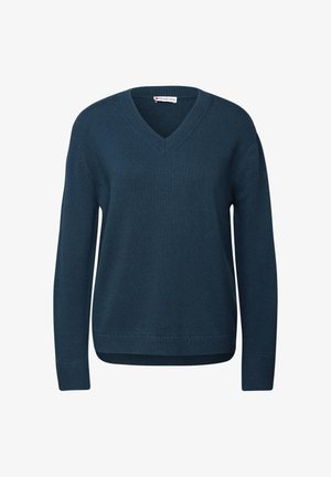 Maglione teal scuro a scollo a V con maniche lunghe, polsini e orlo a costine, realizzato in un morbido materiale a maglia. Etichetta con la scritta "Street One".