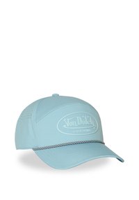 Casquette de baseball Von Dutch bleu clair avec des panneaux latéraux perforés, une visière incurvée et une fine corde décorative au-dessus de la visière.