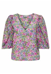 Blumenbluse mit V-Ausschnitt, puffierten kurzen Ärmeln und Knopfleiste. Hergestellt aus leichtem Material mit einer Mischung aus rosa, blauen und grünen Blumen.