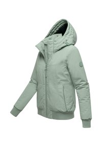 Light green zip-up jacket with a hood, featuring front pockets and ribbed cuffs. Smooth texture with a subtle sheen.