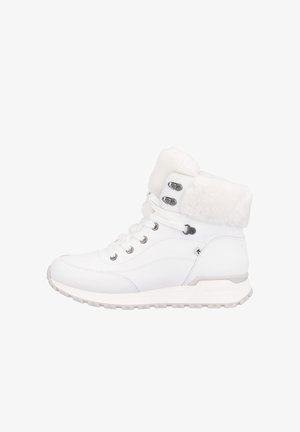 Bottes blanches à la cheville avec un col duveteux, tige en cuir lisse, bout rond et quincaillerie métallique. Présentent un laçage à l'avant et une semelle texturée.