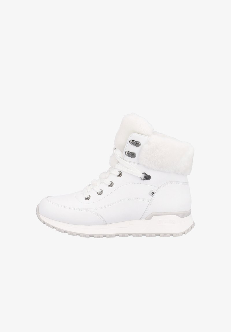 Bottes blanches à la cheville avec un col duveteux, tige en cuir lisse, bout rond et quincaillerie métallique. Présentent un laçage à l'avant et une semelle texturée.