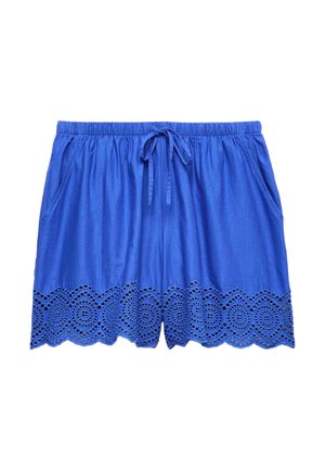 Blå bomuldsshorts med elastisk talje, snøre, sidelommer og flosset øjet blonderkant.