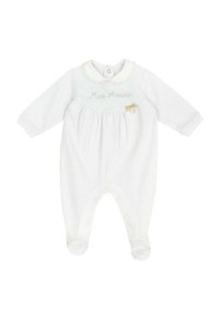 Bodino bianco per bebé in morbido tessuto, con colletto, corpetto arricciato, ricamo "Mon Amour", dettaglio in oro a forma di fiocco e chiusure a scatto.