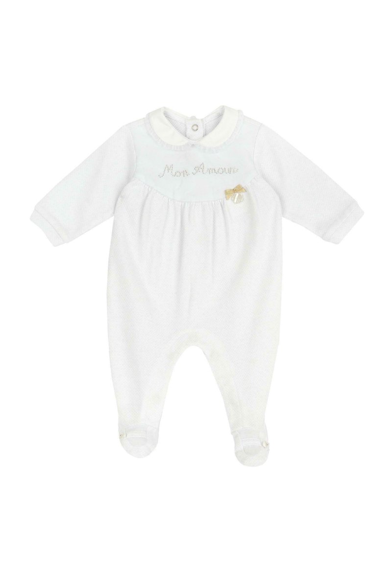 Bodino bianco per bebé in morbido tessuto, con colletto, corpetto arricciato, ricamo "Mon Amour", dettaglio in oro a forma di fiocco e chiusure a scatto.