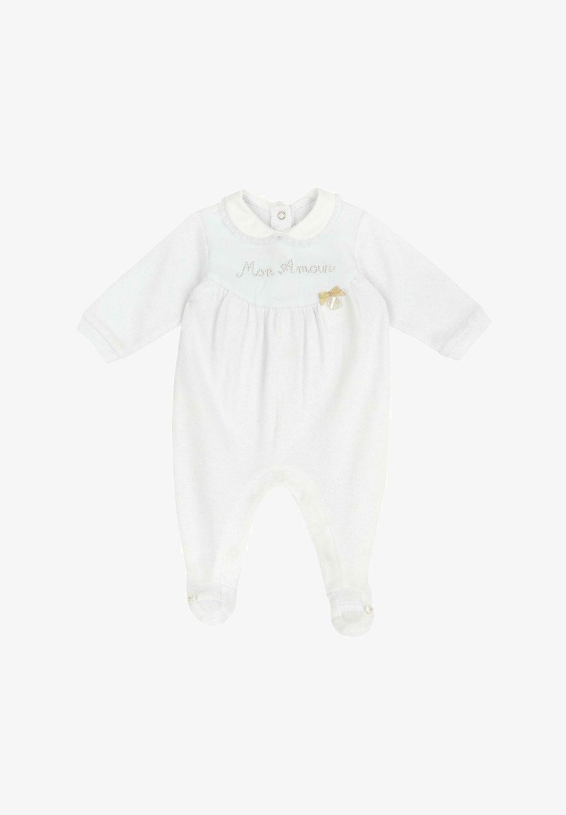 Bodino bianco per bebé in morbido tessuto, con colletto, corpetto arricciato, ricamo "Mon Amour", dettaglio in oro a forma di fiocco e chiusure a scatto.