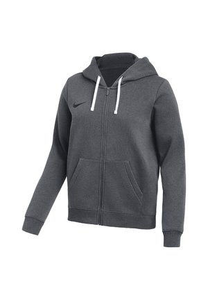 Sweat à capuche zippé gris foncé avec cordons blancs, poches avant et petit logo Nike noir sur la poitrine gauche.