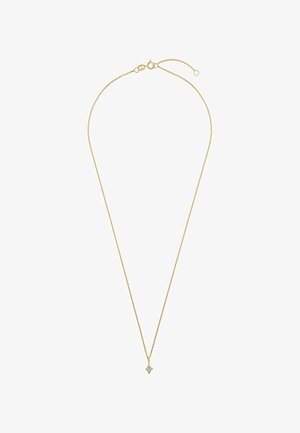 Collana delicata in oro con un piccolo pendente a forma di diamante che presenta quattro pietre scintillanti, fissato con un gancio a molla.