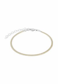 Armband av guld- och silvervävd kedja med karbinlås och justerbar längd; slät yta, elegant design, enhetlig färg.