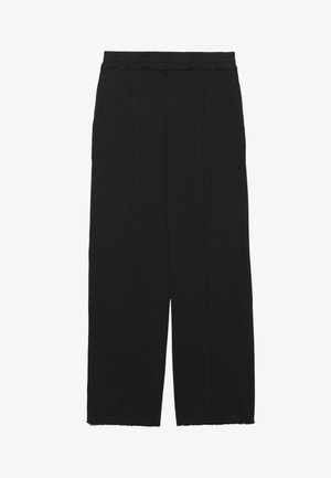 Black wide-leg pants with a textured fabric, featuring a high waist, pleats down the front, and raw edge hems.