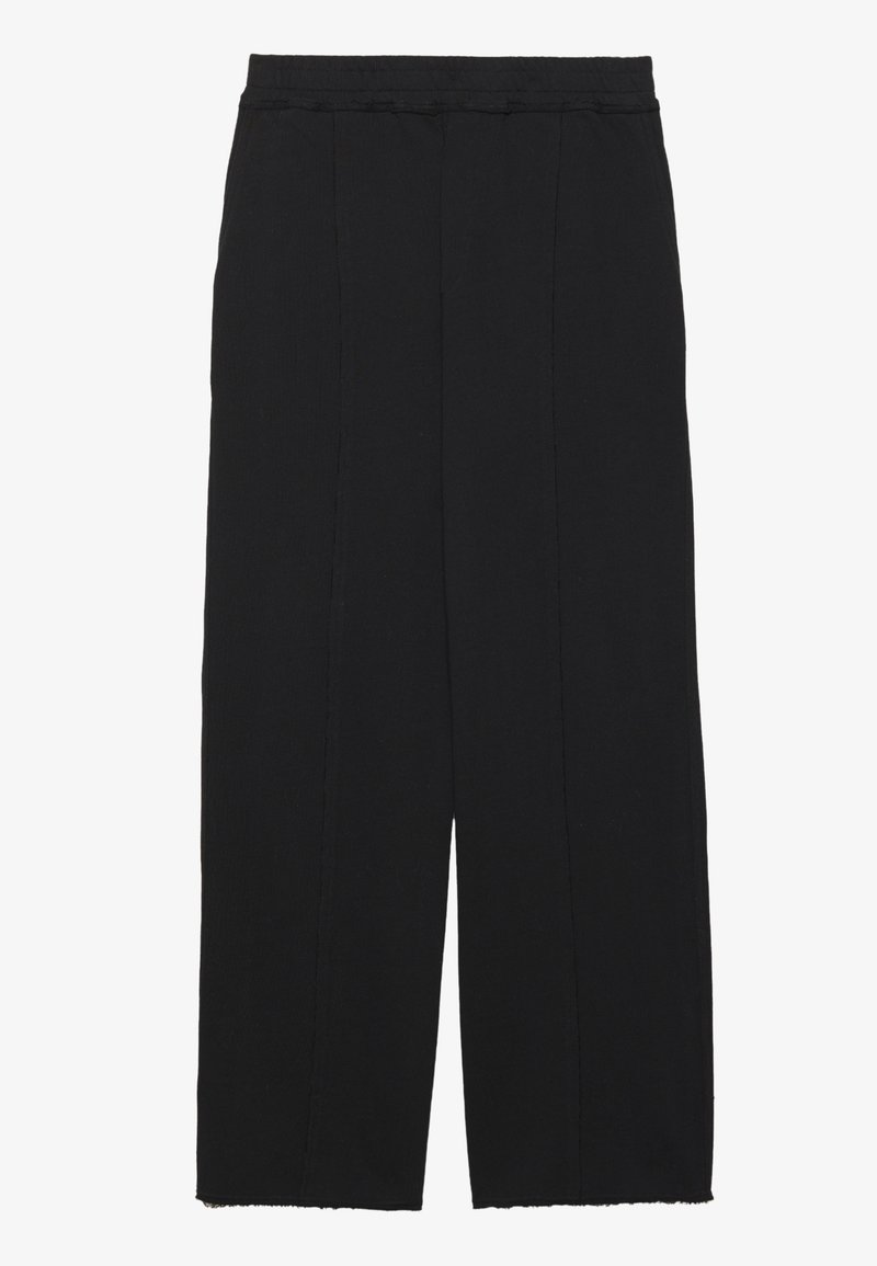 Zwarte wijde broek van textuurstof, met een hoge taille, plissee's aan de voorkant en onafgewerkte zoomranden.
