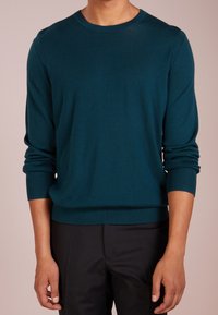 Teal long-sleeve knit sweater with a crew neckline and ribbed cuffs. Soft texture and relaxed fit, paired with black trousers.