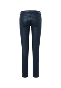 Pantalon slim taille haute bleu bleu foncé avec poches arrière et passants de ceinture, présenté sur fond blanc.