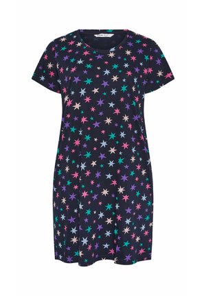 Marineblaues kurzärmeliges Kleid mit verstreutem Sternmuster in Pink, Lila, Türkis und Hellblau, ausgestattet mit Rundhalsausschnitt und regulärer Passform.